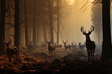 the urgency and determination of animals fleeing wildfires.Animals escape from a fire in the jungle - obrazy, fototapety, plakaty