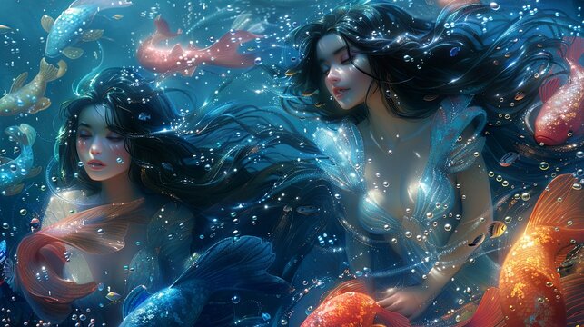 Beautiful mermaids in deep blue water. Anime animation.