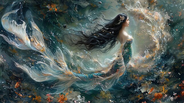 Beautiful mermaid with long black hair in the water. Fantasy painting.