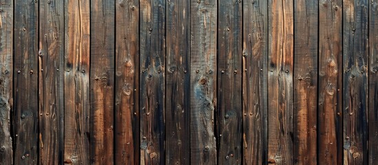 A closeup of a brown hardwood fence made of wooden planks with a beautiful natural wood pattern, varnished for protection
