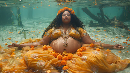 Beautiful fat woman sitting in the water surrounded by flowers in indian style.