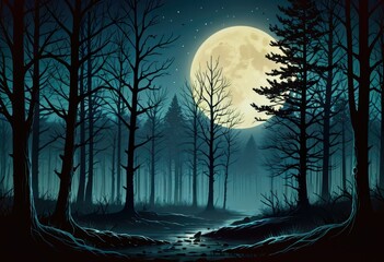 A spooky forest background shrouded in darkness - obrazy, fototapety, plakaty