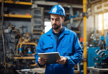 A 30s handsome construction plan manager concentrate upon project presentation in tablet wearing blue worker uniform and helmet