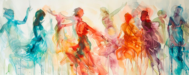 A painting depicting a lively scene of a group of women joyfully dancing together. The women are elegantly dressed, caught mid-movement, showcasing a sense of rhythm, celebration. Banner. Copy space - obrazy, fototapety, plakaty