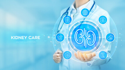 Kidney care. Kidneys icon. Treatment of kidneys diseases. Urology, nephrology clinic medical banner. Doctor holding in hand Kidney icon and medicine icons network connection. Vector illustration.