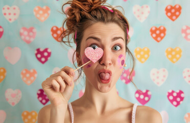 a beautiful woman with open hand holding heart lollipop, pink lips and eye make up, valentine theme background