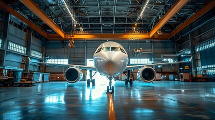 Maintaining Aircraft Engines in an Airport Hangar. Concept Maintenance Procedures, Engine Care, Safety Protocols, Hangar Equipment, Aviation Regulations - obrazy, fototapety, plakaty