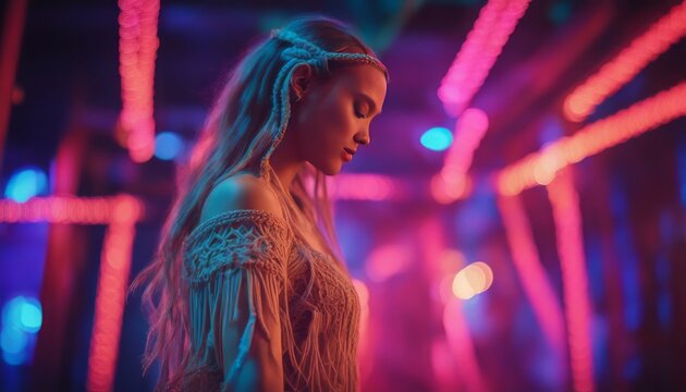 Beautiful uninhibited young woman wearing macrame clothes dancing in a nightclub with neon colors