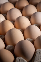 Brown eggs stacked in rows.Group of Fresh white Eggs in a cardboard cassette. Organic food from nature good for health.
