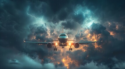 Navigating Through a Turbulent Thunderstorm: A Commercial Jet's Fear of Crashing. Concept Commercial Aviation, Fear of Crashing, Thunderstorm Safety, Turbulent Conditions, Navigating the Skies - obrazy, fototapety, plakaty