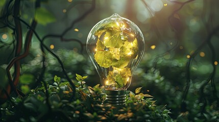 tungsten light bulb lit on black background. Eco friendly lightbulb from fresh leaves top vie, concept of Renewable Energy and Sustainable Living, created with Generative AI technology 