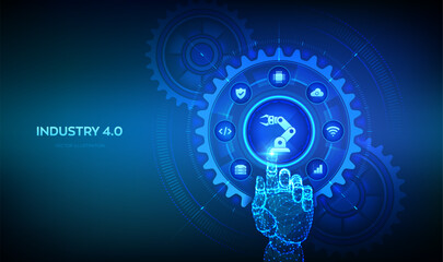 Smart Industry 4.0 concept. Factory automation. Autonomous industrial technology. Industrial revolutions steps. Wireframe hand touching digital interface with connected gears cogs and icons. Vector.