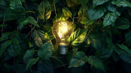 tungsten light bulb lit on black background. Eco friendly lightbulb from fresh leaves top vie, concept of Renewable Energy and Sustainable Living, created with Generative AI technology 