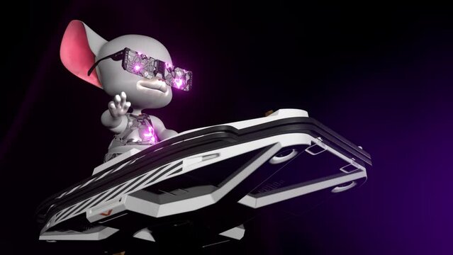 mouse flying on a skateboard over cheesy asteroids, fantasy, background music, cyclic animation, 3D rendering