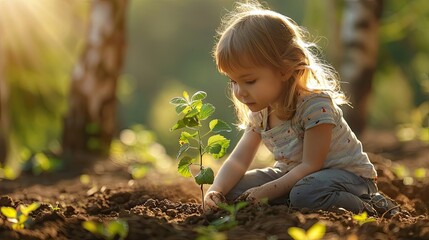 The girl plants a small tree in the ground. Earth Day.