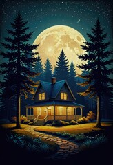 Fototapeta premium night scene with house and trees