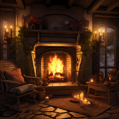 A cozy fireplace with warm flames. 