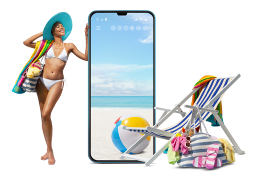 Happy girl in summer beach holiday wearing bikini showing a big screen mobile phone with deckchair and sea accessories isolated in white background, online shopping or booking sea vacation travels