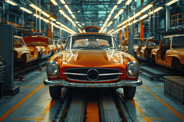 An orange retro-style auto comes off the assembly line.