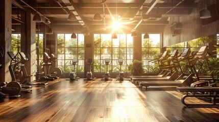 A large gym with wooden floors. - obrazy, fototapety, plakaty