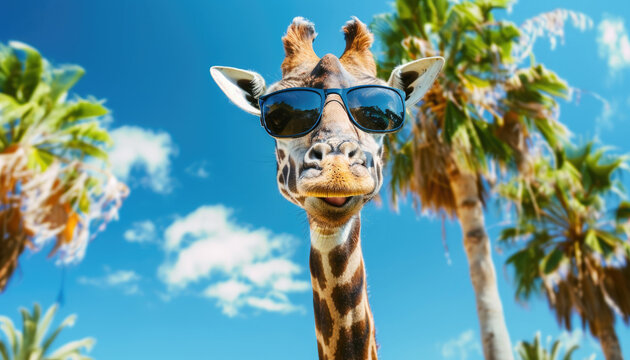 giraffe in sunglasses against a background of blue sky and green palm trees while resting by AI generated image