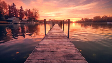 A serene lakeside scene at dusk as smoke drifts over the calm waters - Powered by Adobe