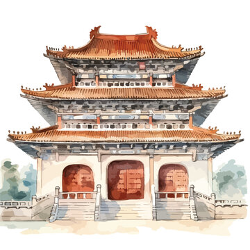 Watercolor Ancient Chinese Building 