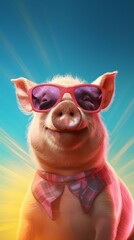 Fototapeta premium pig in sunglasses on bright sky background, having a great vacation