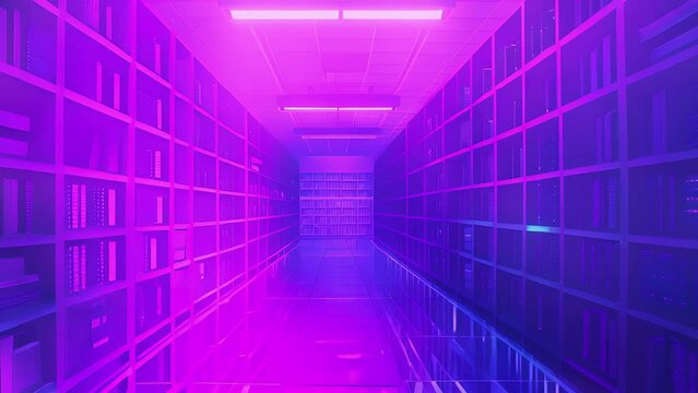 An illustration of a library with shelves filled with data servers representing the secure storage of personal information through strict privacy settings on a cloud computing