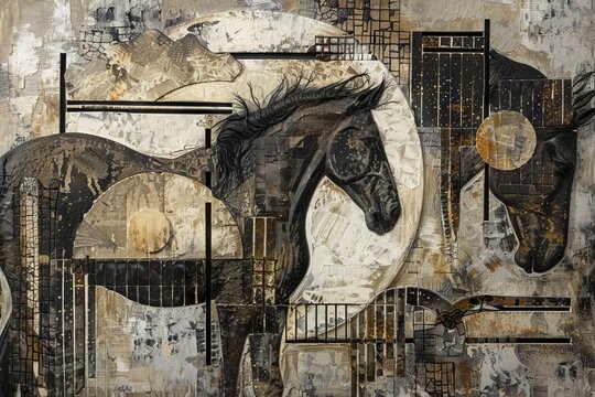 Abstract Painting with Metal Elements, Textured Background and Animal Horses