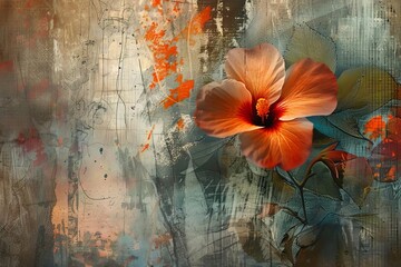 Abstract painting with metal elements, textured background, flowers, plants, contemporary digital illustration