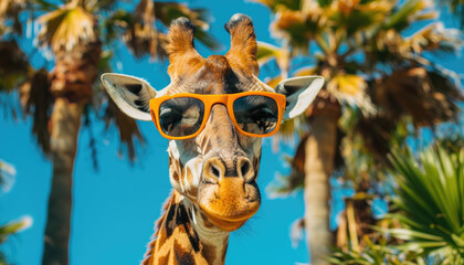 giraffe in sunglasses against a background of blue sky and green palm trees while resting by AI generated image