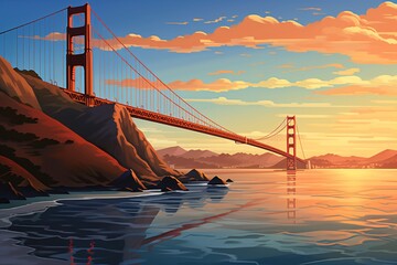 Golden Gate Bridge over water with mountains and a sunset