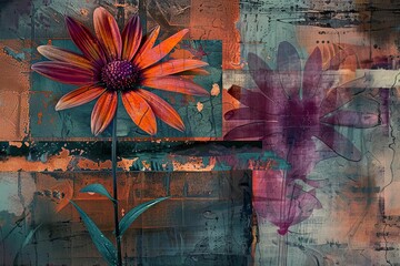 Abstract painting with metal elements, textured background, flowers, plants, digital illustration