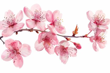 Beautiful Sakura Flowers Isolated on White Background, Spring Blossom Illustration