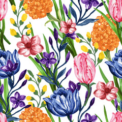 Spring Garden variety flowers greenery botanical hand drawn  seamless pattern. Watercolor illustration  romantic Bloom design. Cottage countryside aesthetic floral print