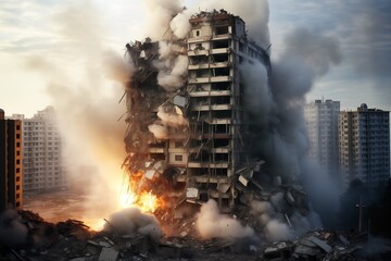 Residential high rise apartment building being bombed in war