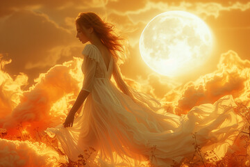 Woman in a white dress walks through the clouds with big sunset sun behind her
