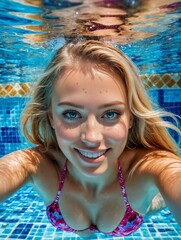 Unterwasser-Selfie: Frau, langes blondes Haar, bezauberndes Lächeln, schwimmt unter Wasser in einem gefliesten Pool.