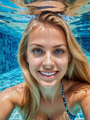 Unterwasser-Selfie: Frau, langes blondes Haar, bezauberndes Lächeln, schwimmt unter Wasser in einem gefliesten Pool.