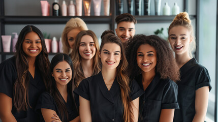 Group of beauticians smiling, team photo in a salon, wearing uniforms, showcasing teamwork and dedication on Beautician's Day