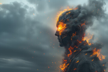Silhouette man with fire erupting from his head - obrazy, fototapety, plakaty