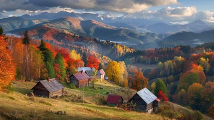 Fotobehang beautiful autumn mountain and small village on mountainside (Carpathian. Ukraine) © Ebru