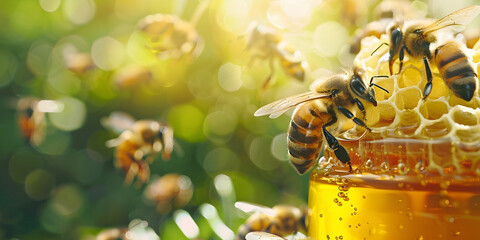 Honey bees filling up on honey comb overflowing from honey jar - beautiful bright close up of honey bee drinking from a honey comb surrounded by soft focus bees flying in the background and copy space - obrazy, fototapety, plakaty