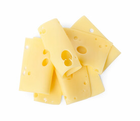 Slices of tasty fresh cheese isolated on white, top view