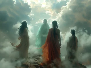 Fotobehang Group of four people in dresses stand on cloud covered ground © alenagurenchuk