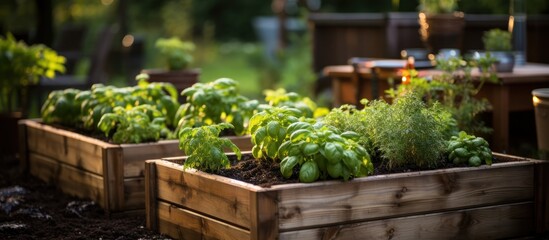 Fototapeta na wymiar Wooden raided beds in modern garden growing plants herbs spices vegetables