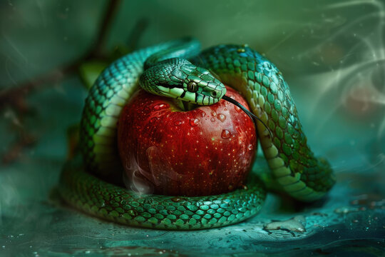 The apple and serpent, a snake coiled around a red apple, symbolize the temptation faced by Adam and Eve. The Fall, resulting in their expulsion from the Garden of Eden, human nature, redemption