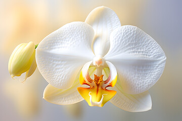 White orchid closeup photo, pastel background, macro photography.