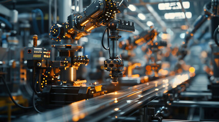 Fototapeta premium cyborg control robot assembly line in car factory